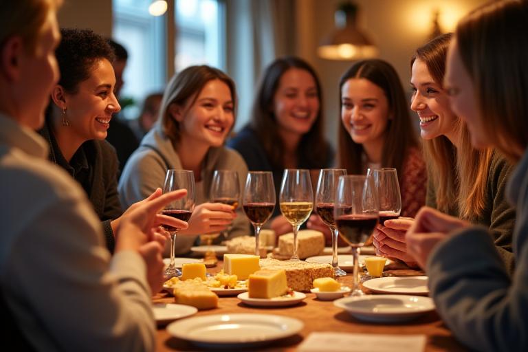 Eine Gruppe von Menschen, die lachend eine Käsedegustation in einem gemütlichen Ambiente geniessen.