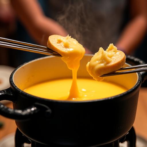 Ein traditioneller Fonduetopf, gefüllt mit geschmolzenem Käse.
