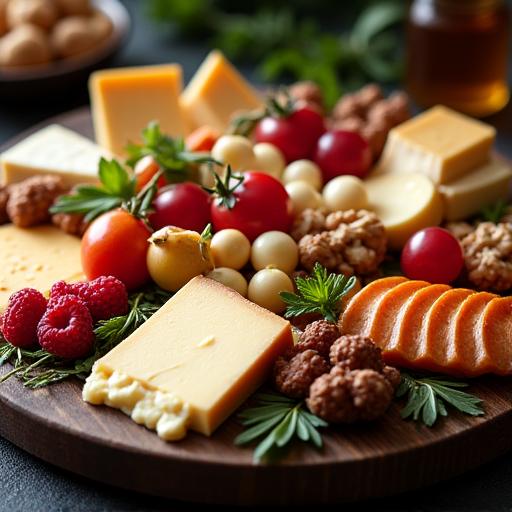 Eine detailreiche Aufnahme einer opulenten Gourmet-Käseplatte.