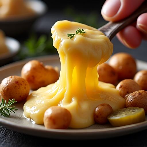 Geschmolzener Raclette-Käse, der von einem Laib auf Kartoffeln geschabt wird.